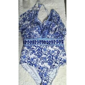 Floerns Women's Plus Size One Piece Swimsuit Blue Floral Print Halter Tie Back